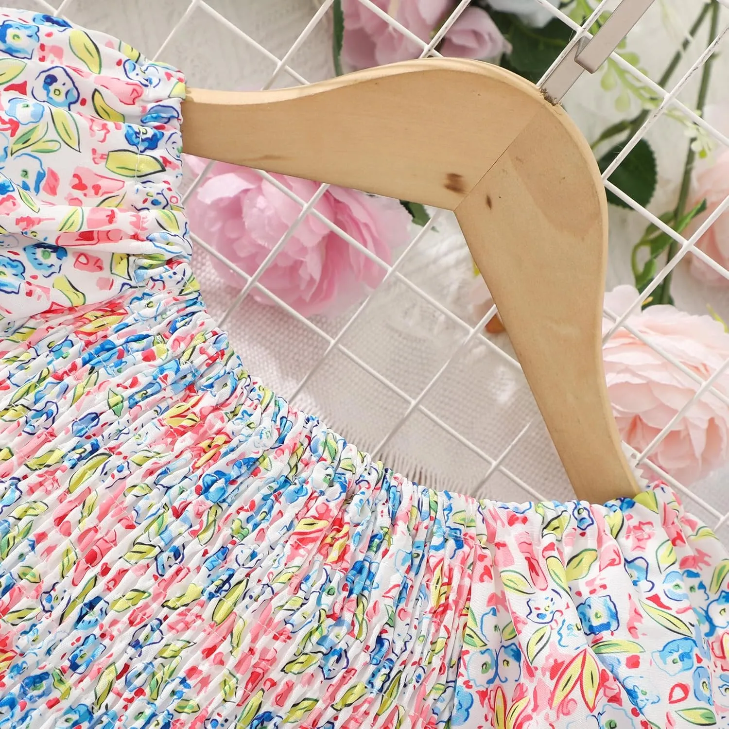 Toddler Baby Girls Summer Floral Dress Kids Puff Sleeve Square Neck Smocked Flowy Sun Dresses 2-8 Years
