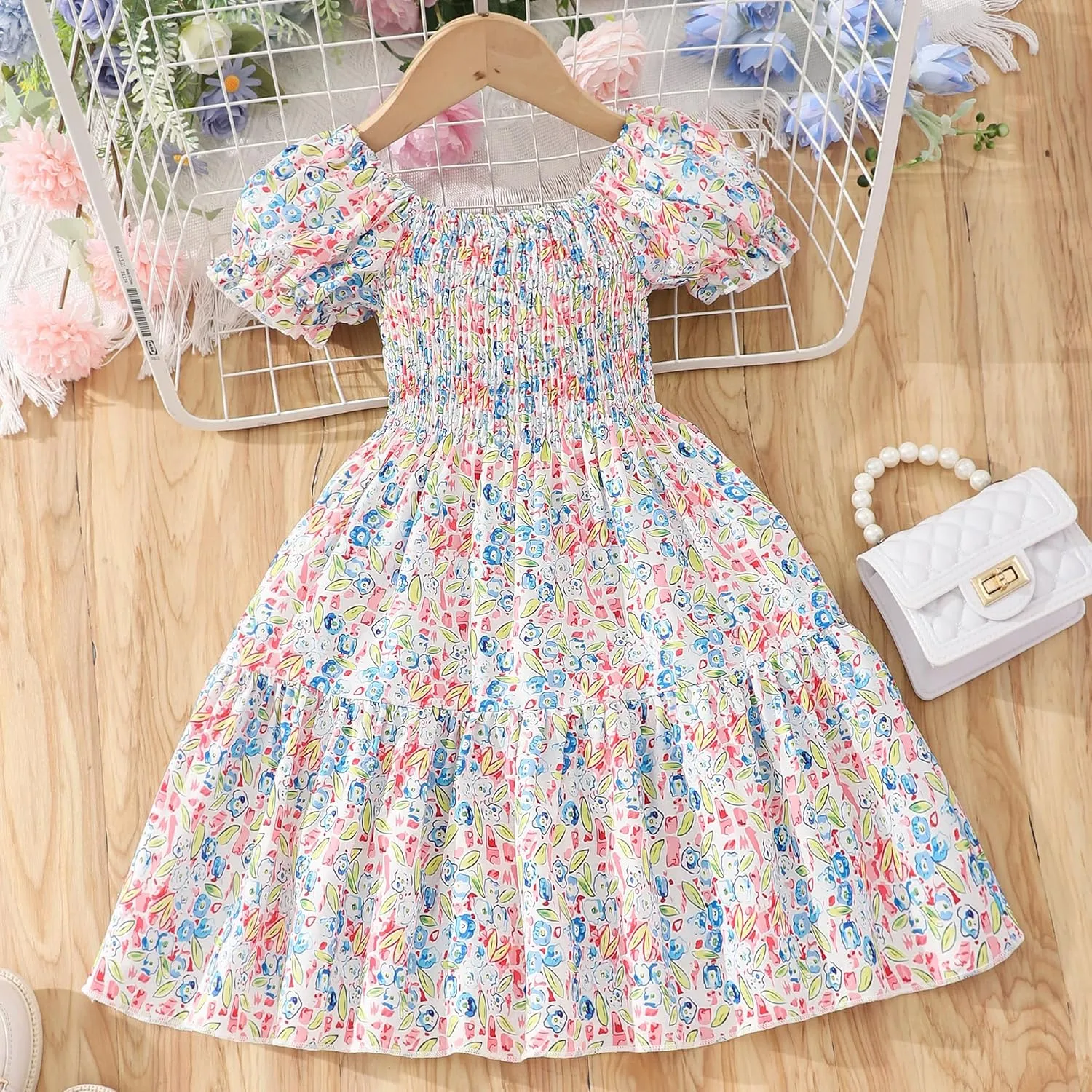 Toddler Baby Girls Summer Floral Dress Kids Puff Sleeve Square Neck Smocked Flowy Sun Dresses 2-8 Years