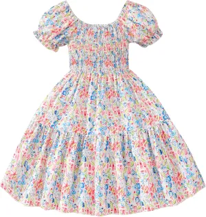 Toddler Baby Girls Summer Floral Dress Kids Puff Sleeve Square Neck Smocked Flowy Sun Dresses 2-8 Years