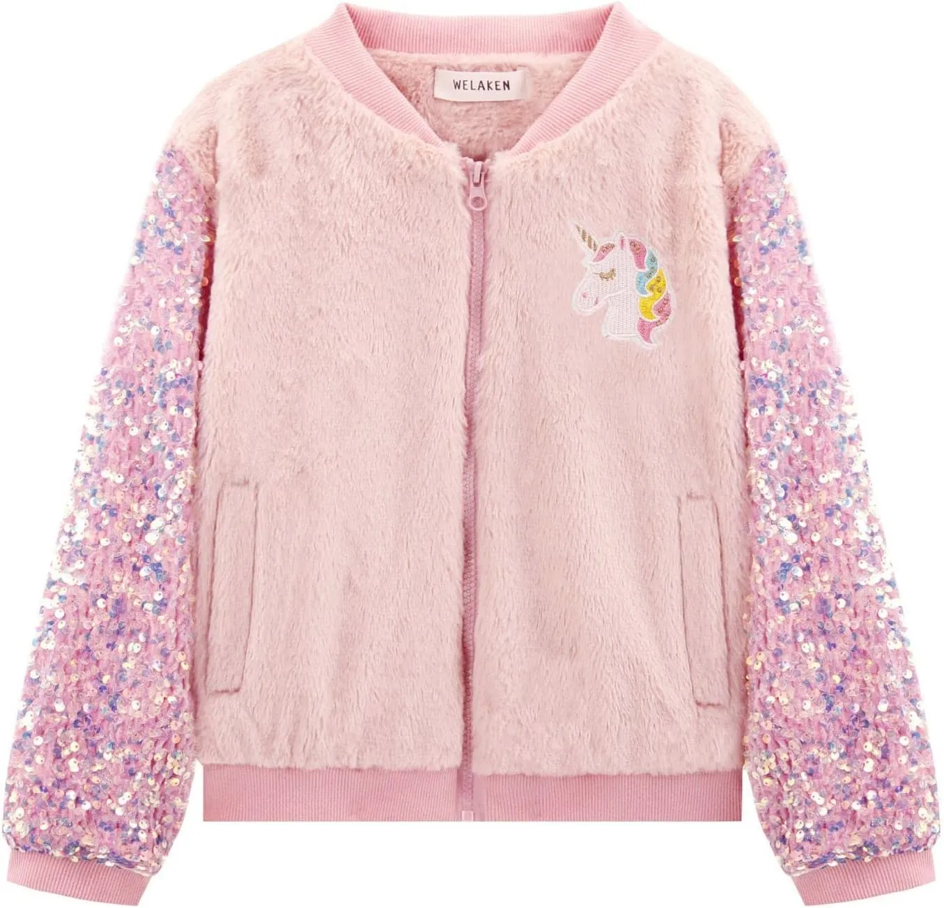 WELAKEN Girls Unicorn Fleece Full-zip Sequin Sleeves Jacket with Pocket for Toddler & Kids