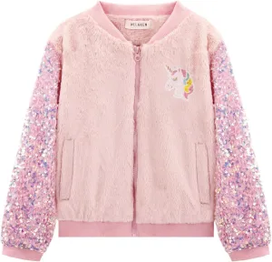 WELAKEN Girls Unicorn Fleece Full-zip Sequin Sleeves Jacket with Pocket for Toddler & Kids