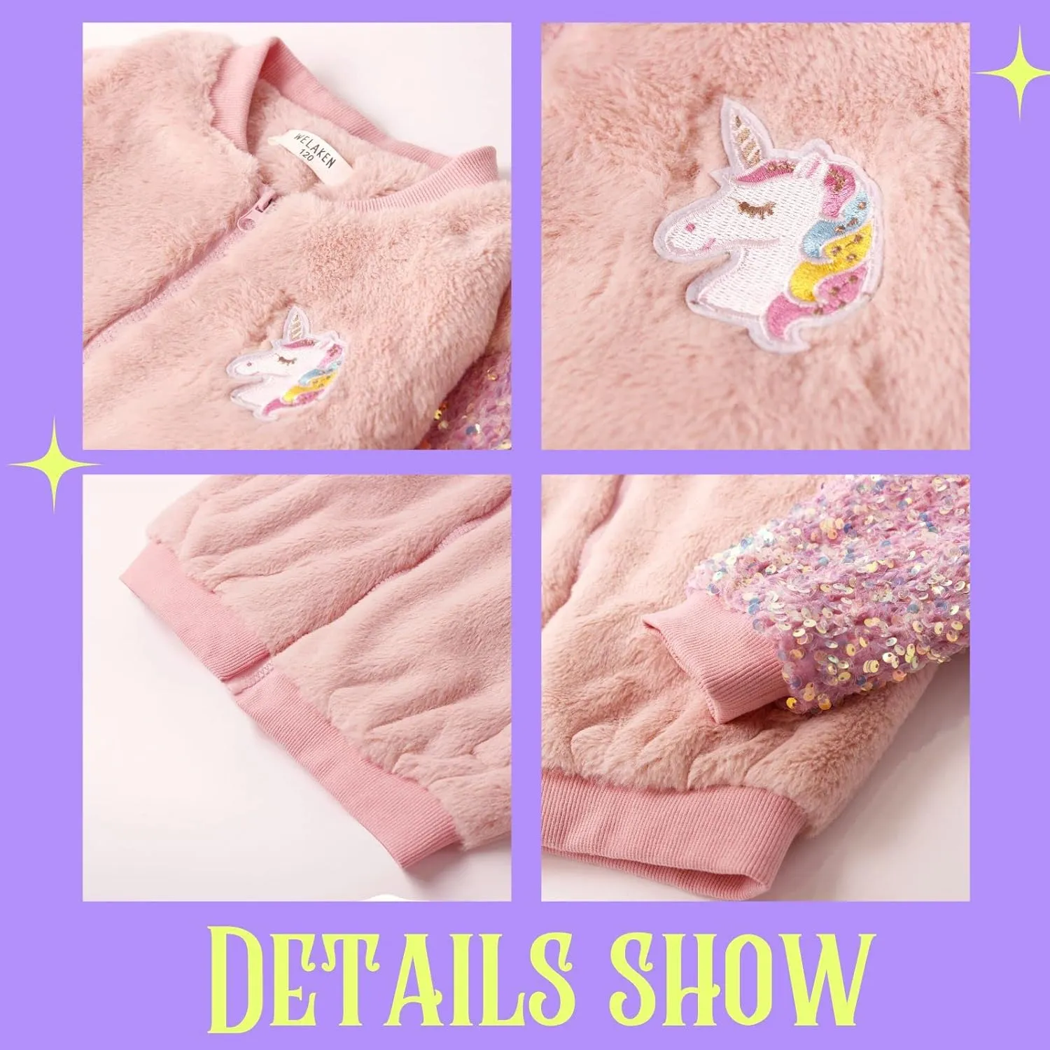 WELAKEN Girls Unicorn Fleece Full-zip Sequin Sleeves Jacket with Pocket for Toddler & Kids