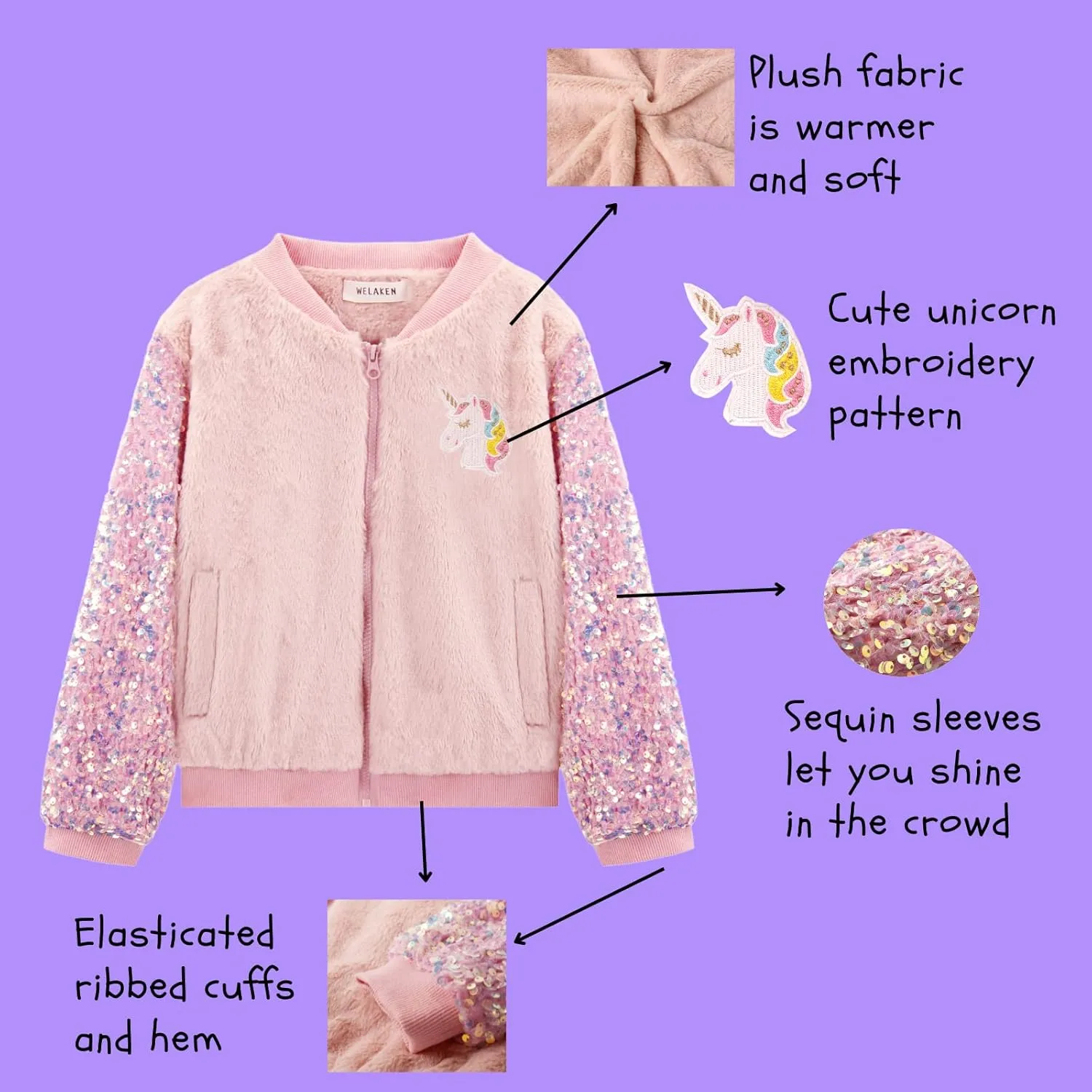 WELAKEN Girls Unicorn Fleece Full-zip Sequin Sleeves Jacket with Pocket for Toddler & Kids