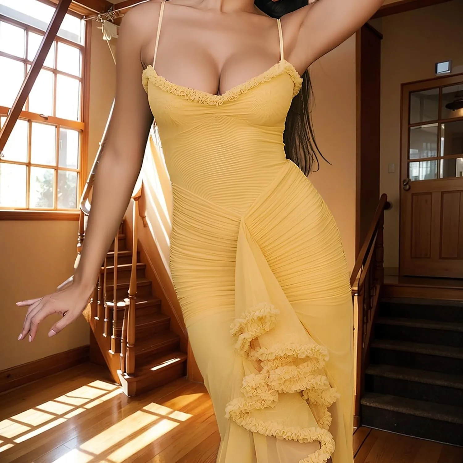Women's Cocktail Maxi Dress - Sleeveless Spaghetti Strap Ruched Mesh Split Ruffle Hem Long Dresses