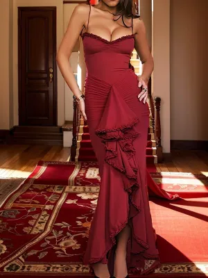 Women's Cocktail Maxi Dress - Sleeveless Spaghetti Strap Ruched Mesh Split Ruffle Hem Long Dresses