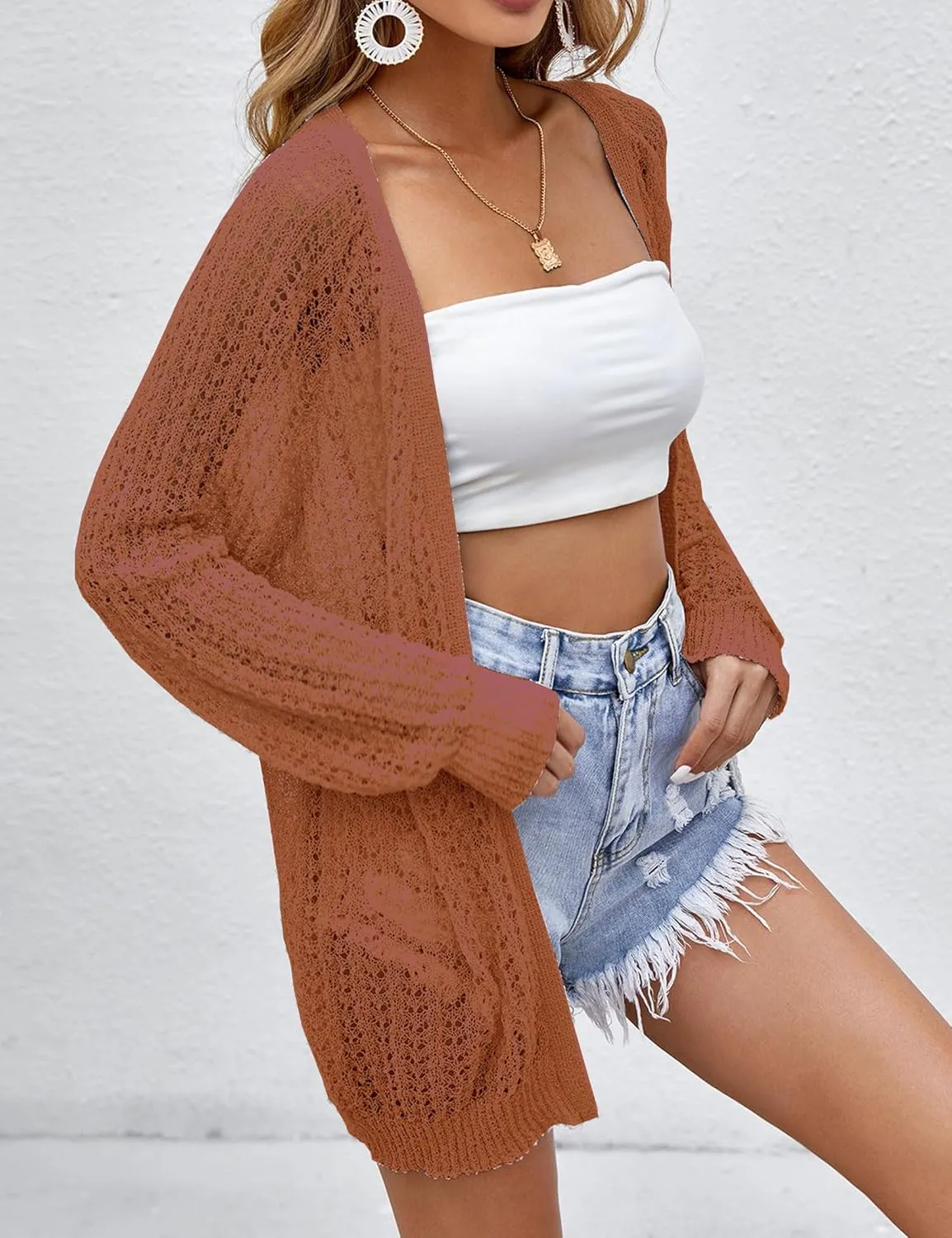 Women's Crochet Cardigan Sweater Long Sleeve Open Front Lightweight Boho Cover Up Summer Knit Cardigans