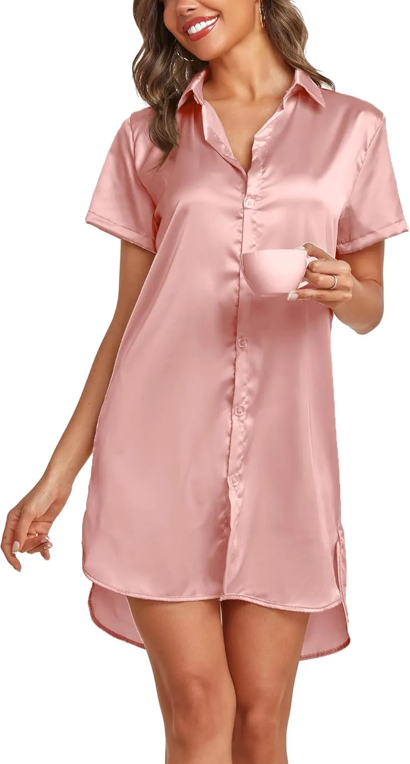 Women's Satin Silk Nightgown Button Down Night Shirt Sexy Sleep Dress V-Neck Sleepwear