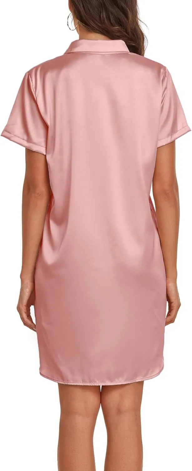 Women's Satin Silk Nightgown Button Down Night Shirt Sexy Sleep Dress V-Neck Sleepwear
