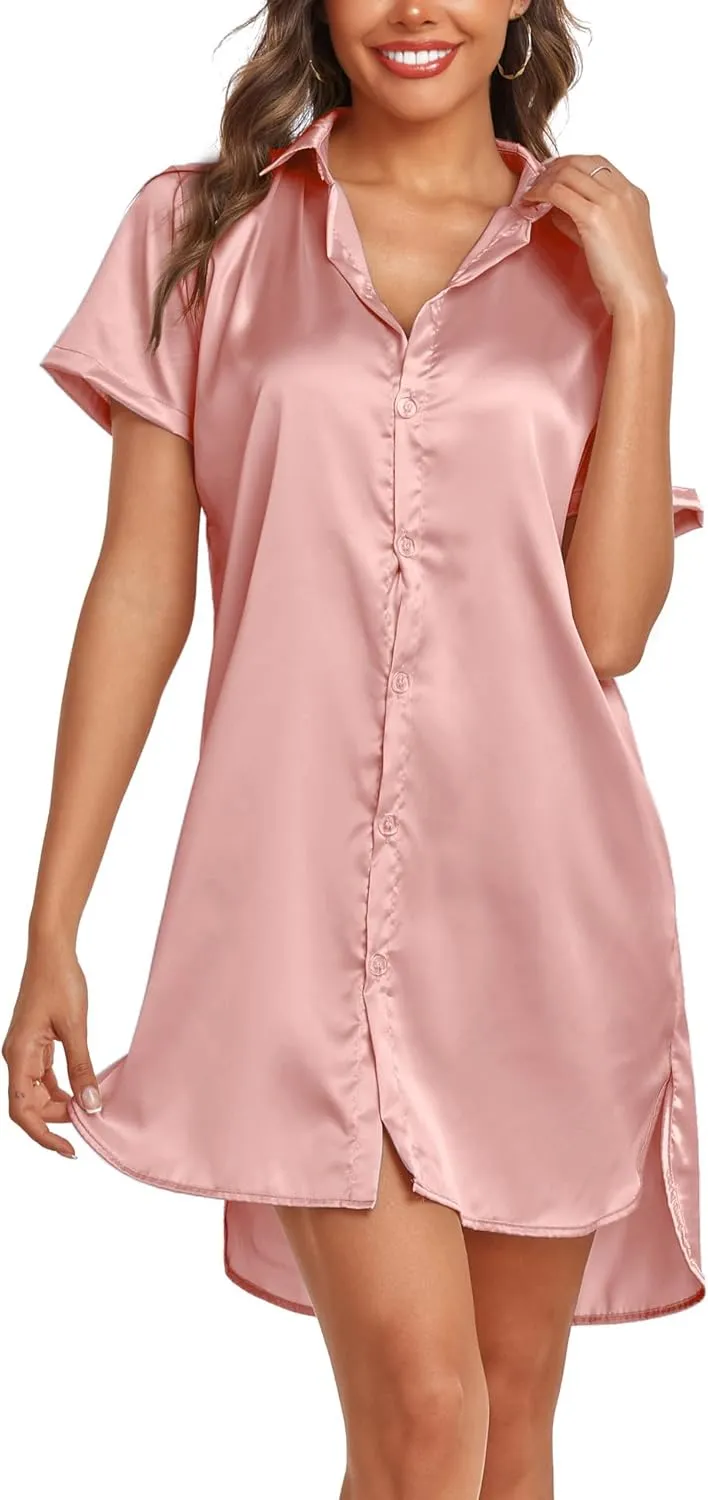 Women's Satin Silk Nightgown Button Down Night Shirt Sexy Sleep Dress V-Neck Sleepwear