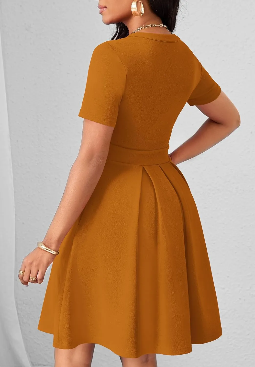 Womens Short Sleeve V Neck Casual Semi-Formal Dress Wedding Guest Cocktail Dresses with Pockets