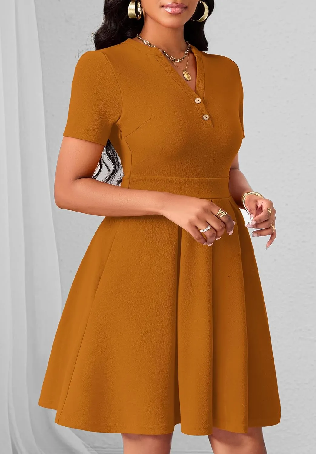 Womens Short Sleeve V Neck Casual Semi-Formal Dress Wedding Guest Cocktail Dresses with Pockets
