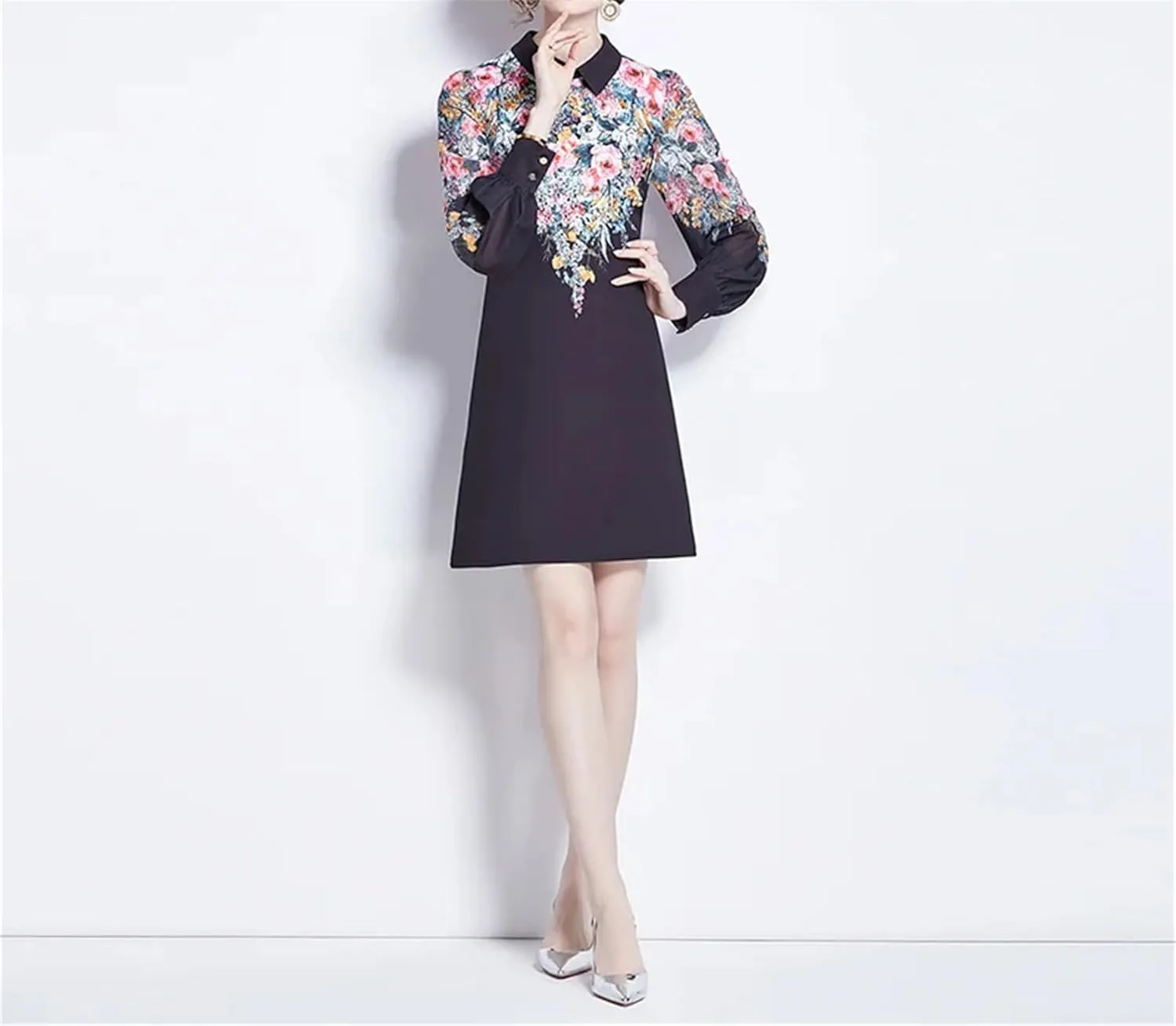 Women's Silk Shirt Dress - Polo Neck Loose A-Line Office Mini Party