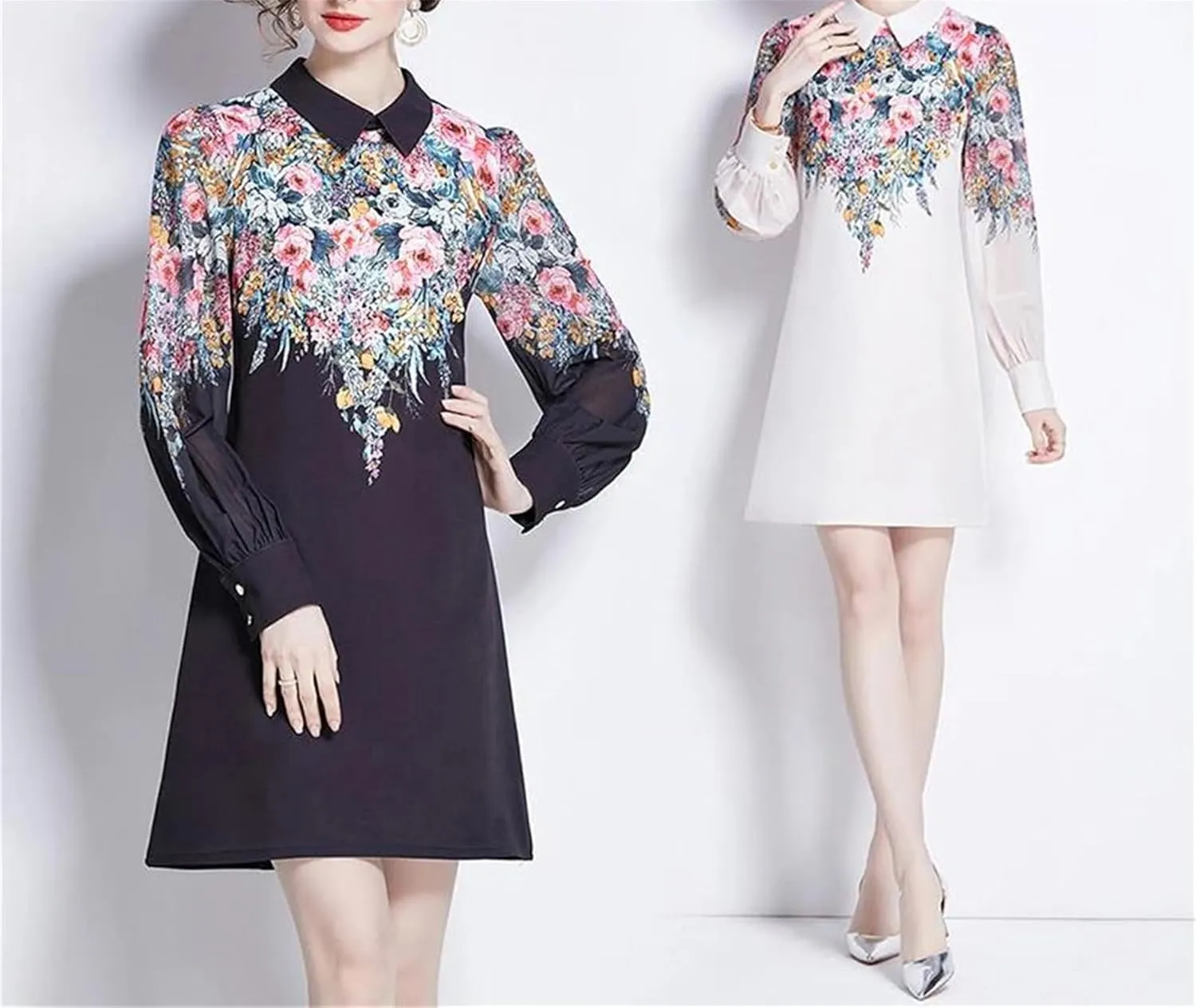 Women's Silk Shirt Dress - Polo Neck Loose A-Line Office Mini Party