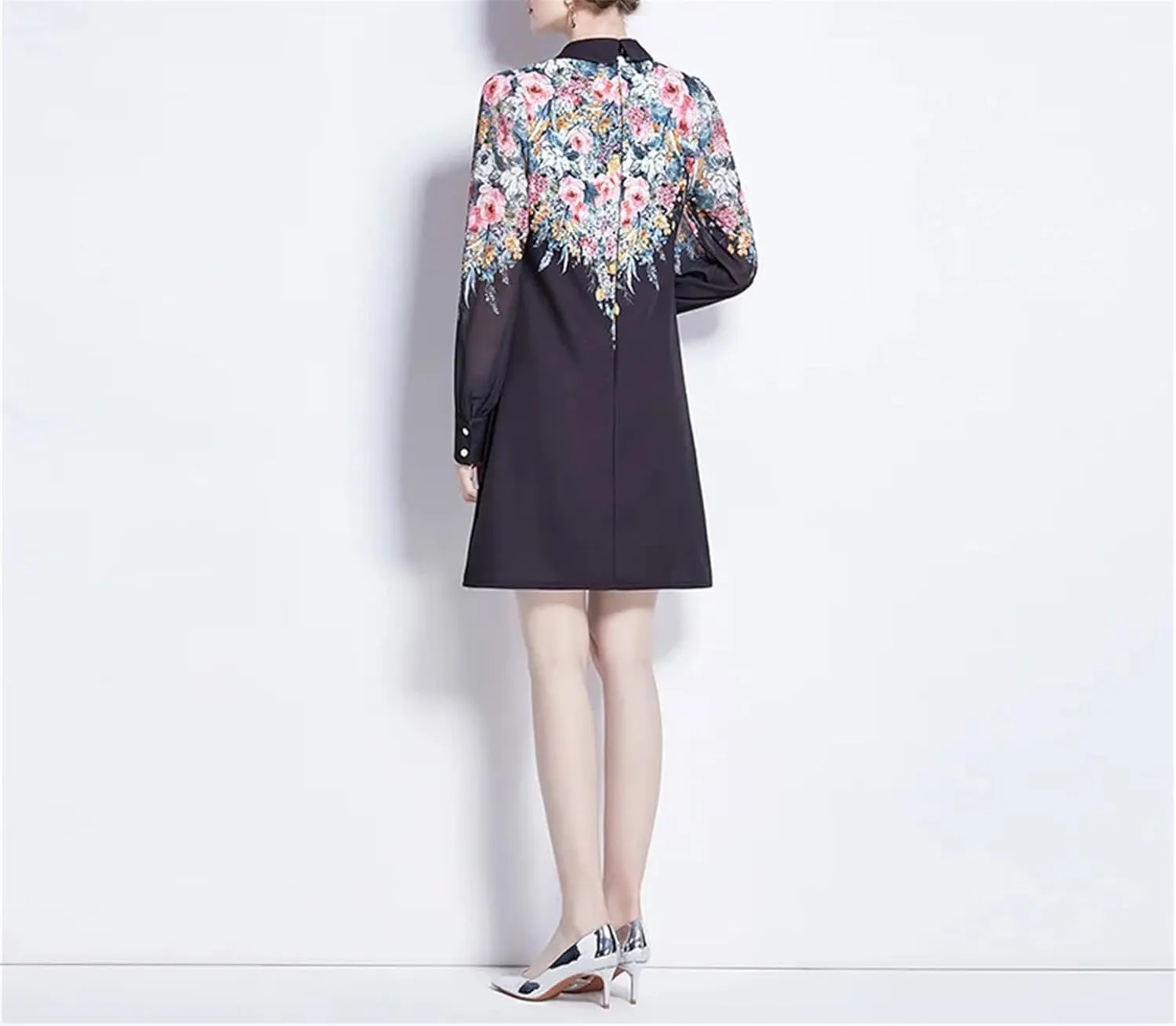 Women's Silk Shirt Dress - Polo Neck Loose A-Line Office Mini Party