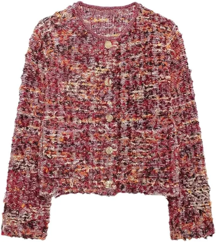 Women's Solid Color Casual Round Neck Woven Tassel Stitching Single Breasted Knitted Cardigan