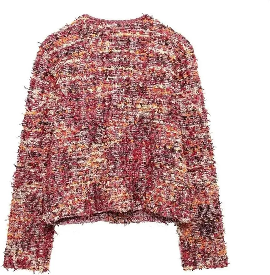 Women's Solid Color Casual Round Neck Woven Tassel Stitching Single Breasted Knitted Cardigan