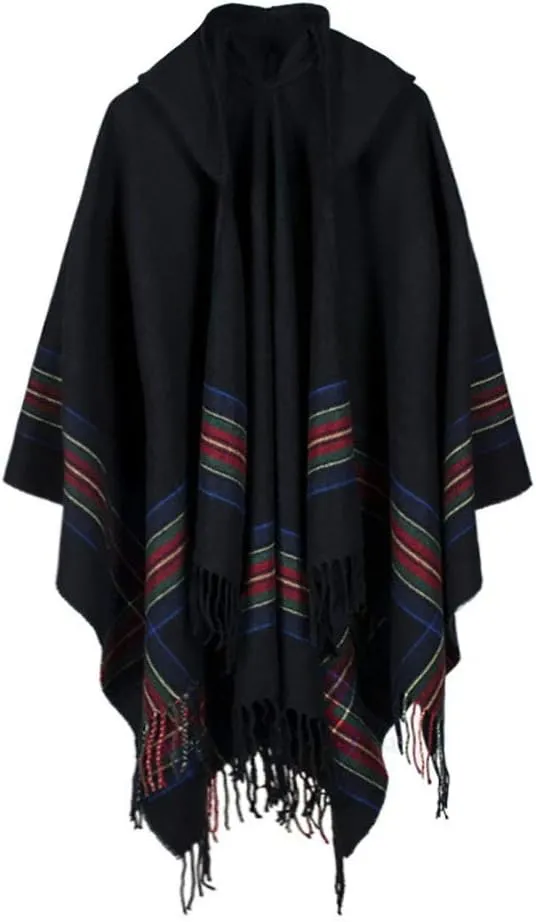 Women's Vintage Plaid Knitted Tassel Poncho Shawl Cape Button Cardigan