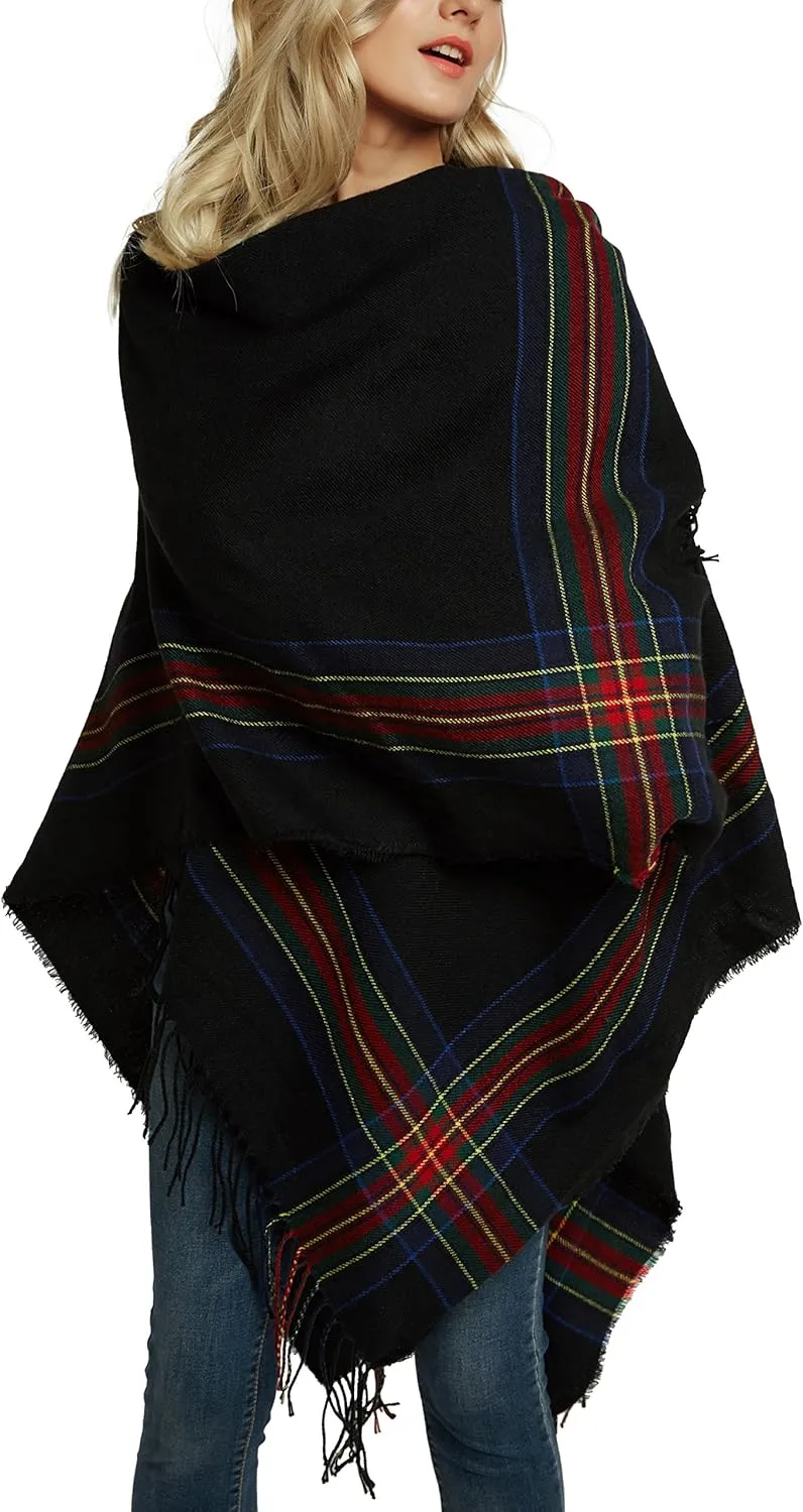 Women's Vintage Plaid Knitted Tassel Poncho Shawl Cape Button Cardigan