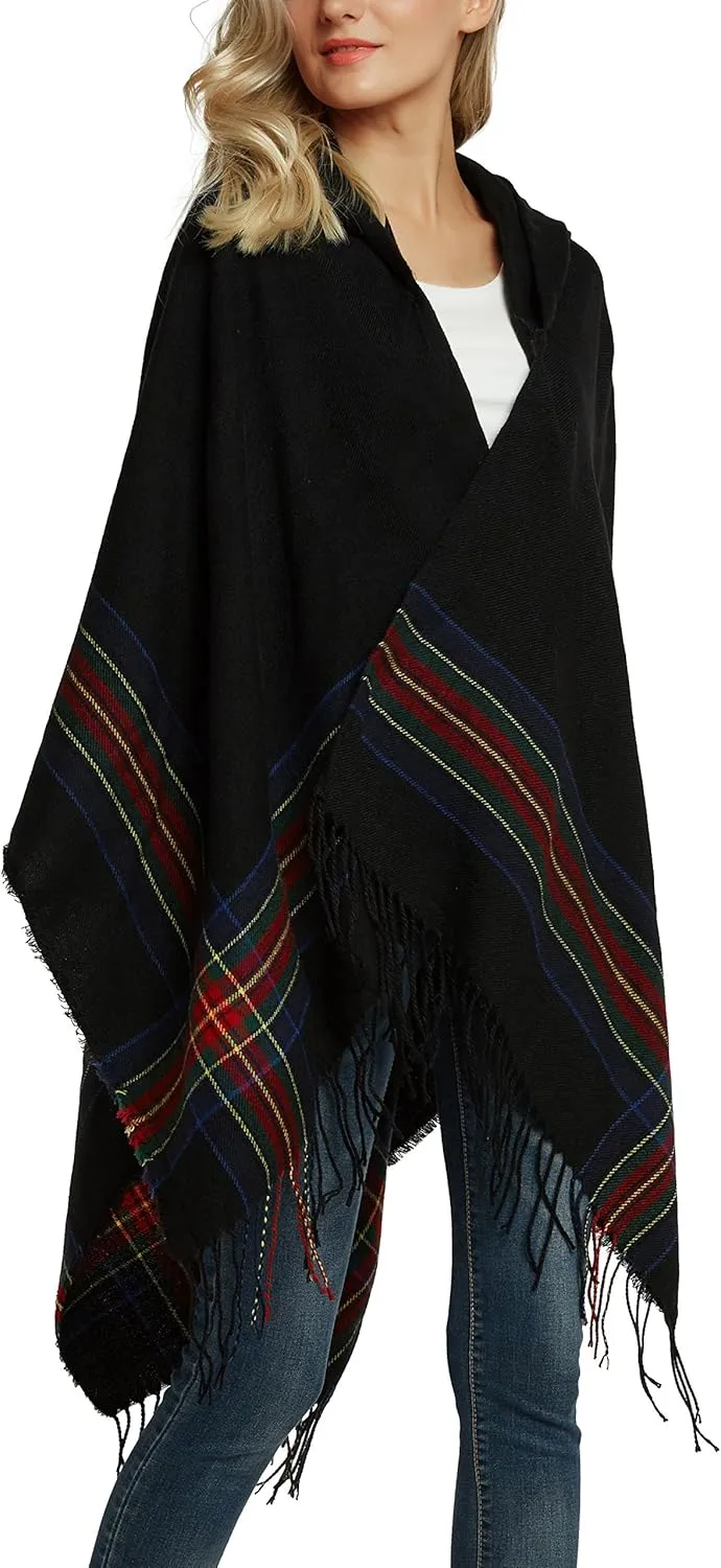 Women's Vintage Plaid Knitted Tassel Poncho Shawl Cape Button Cardigan