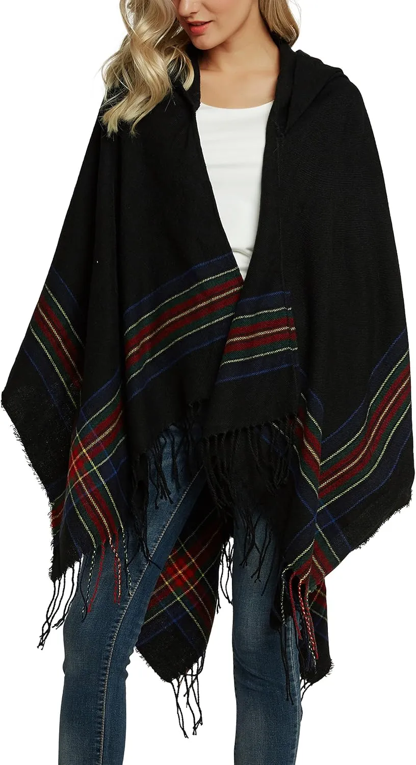 Women's Vintage Plaid Knitted Tassel Poncho Shawl Cape Button Cardigan