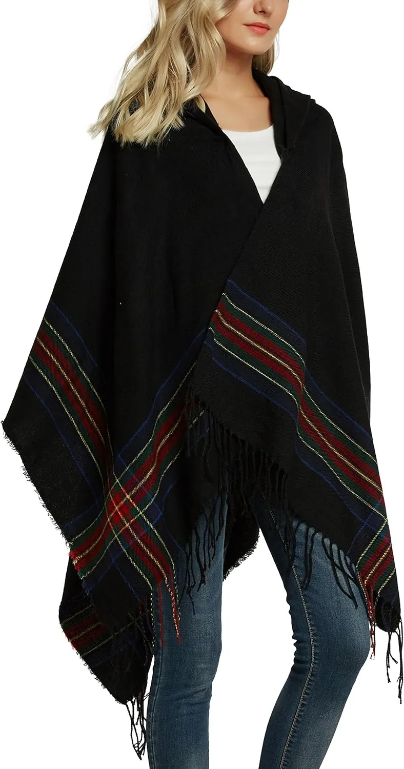 Women's Vintage Plaid Knitted Tassel Poncho Shawl Cape Button Cardigan