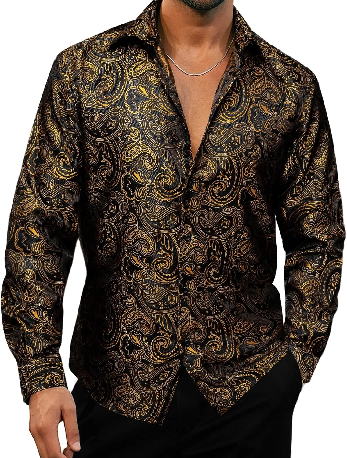 YOHOWA Men's Paisley Shirt Silk Jacquard Dress Long Sleeve Button Down Shirts Casual Mexico Western Disco Party Wedding Prom