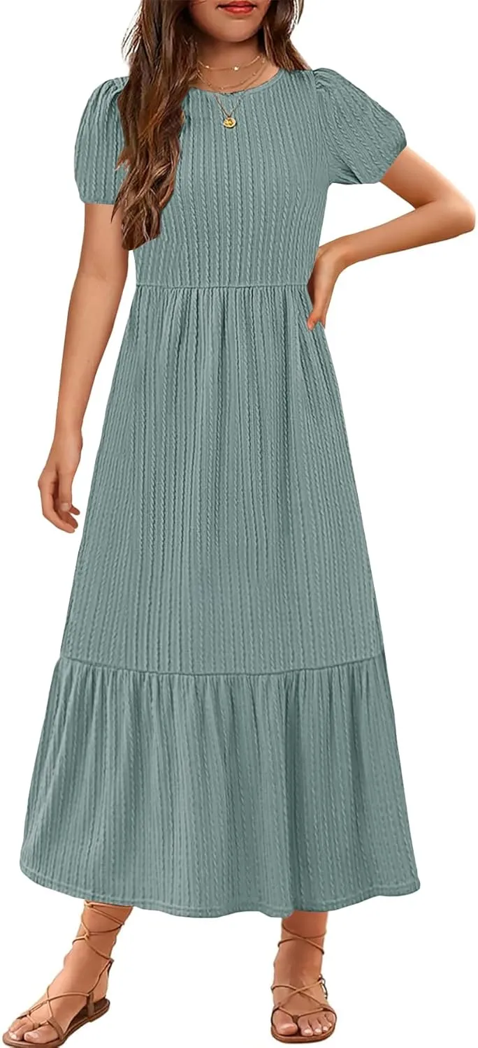 YOVION Girls Maxi Dress Summer Puff Sleeve Crew Neck Tiered Flowy Casual Holiday Dresses with Pockets for 6-12 Y