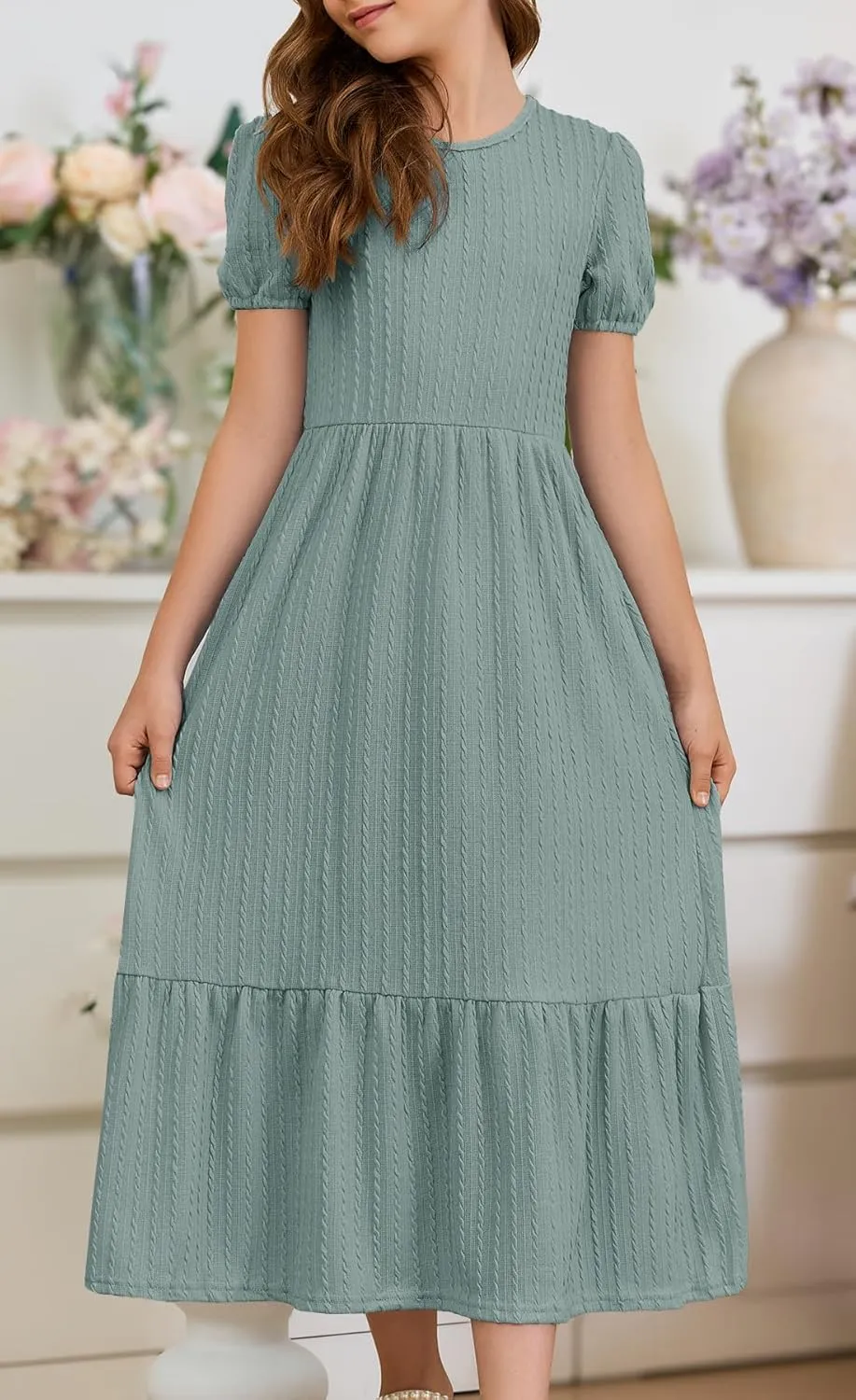 YOVION Girls Maxi Dress Summer Puff Sleeve Crew Neck Tiered Flowy Casual Holiday Dresses with Pockets for 6-12 Y