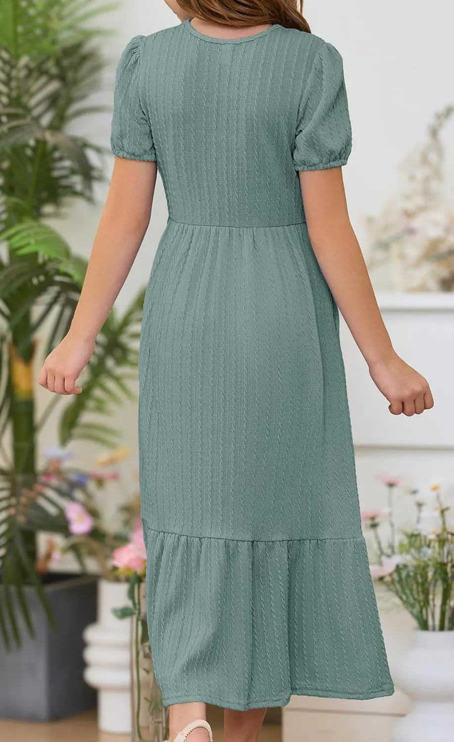 YOVION Girls Maxi Dress Summer Puff Sleeve Crew Neck Tiered Flowy Casual Holiday Dresses with Pockets for 6-12 Y