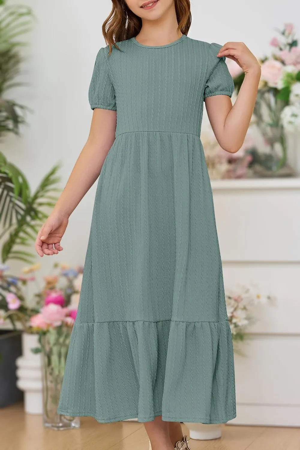 YOVION Girls Maxi Dress Summer Puff Sleeve Crew Neck Tiered Flowy Casual Holiday Dresses with Pockets for 6-12 Y